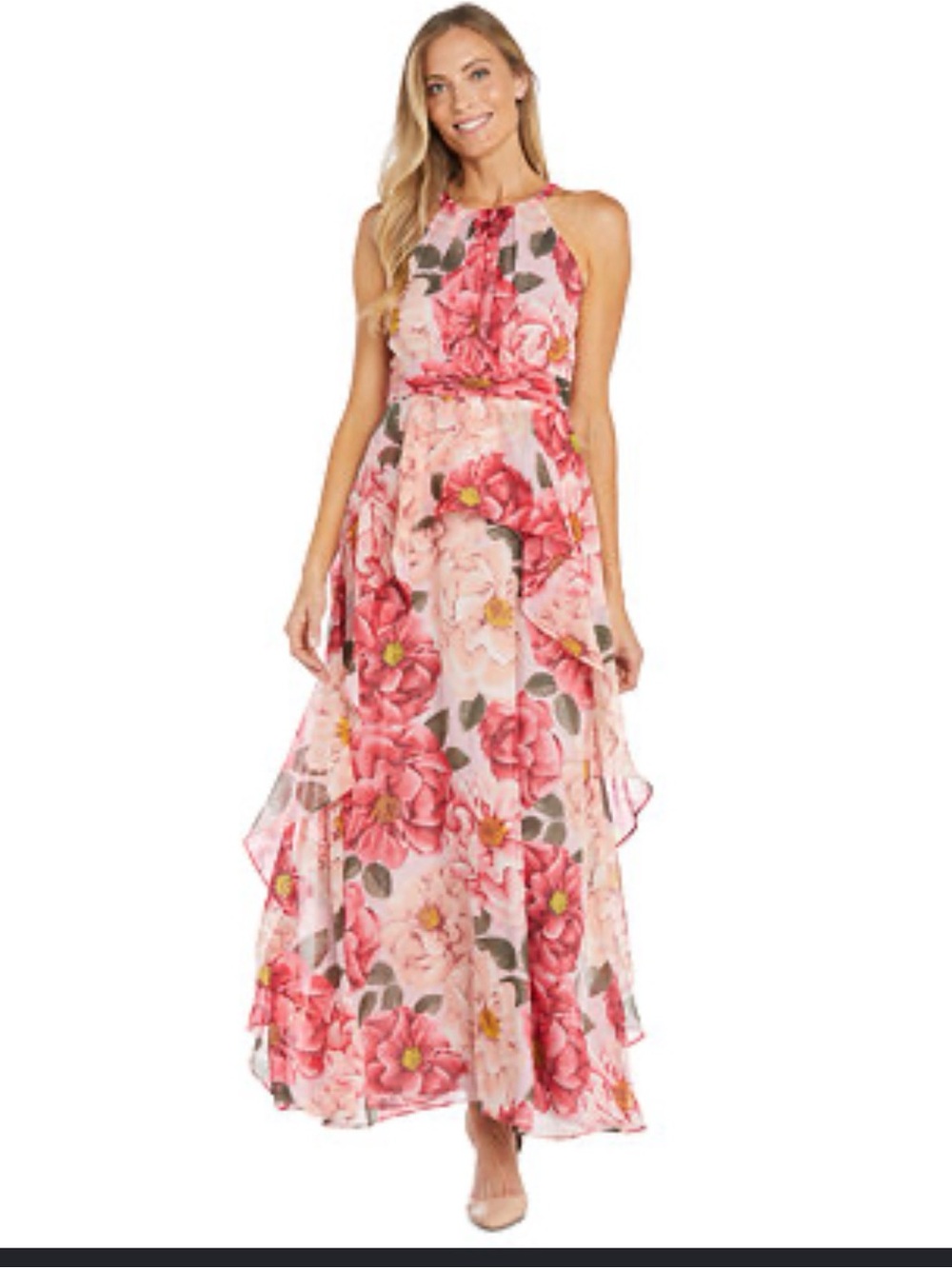 R&M Richards Pink Floral Halter Maxi Dress